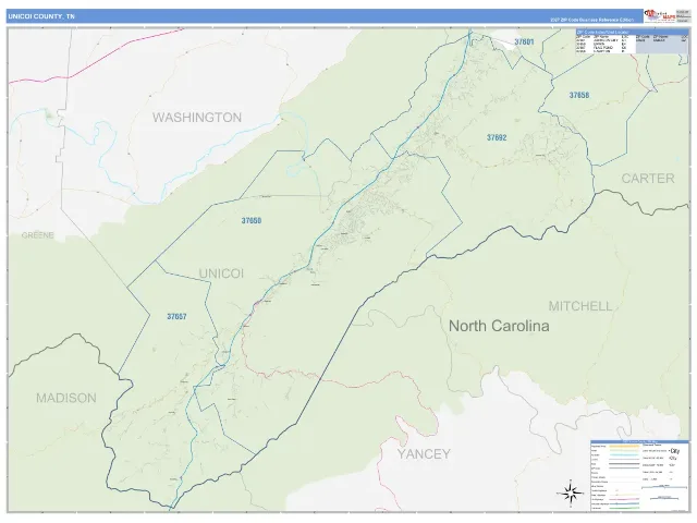 Unicoi County, TN ZIP Code Wall Map, Business Reference style