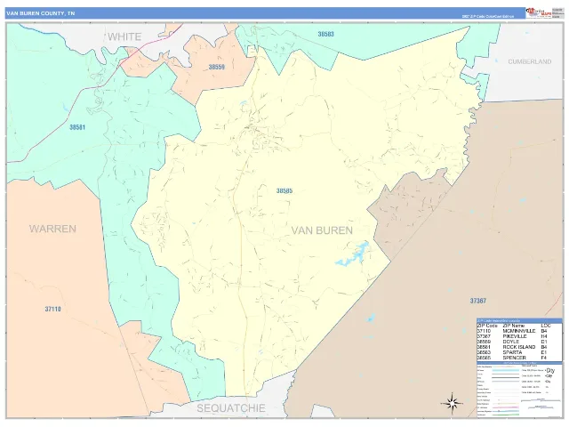 Van Buren County, TN ZIP Code Wall Map, ColorCast style