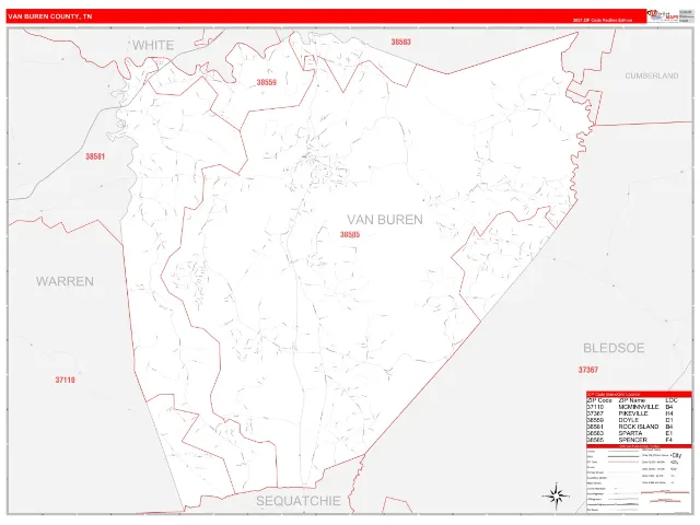 Van Buren County, TN ZIP Code Wall Map, RedLine style
