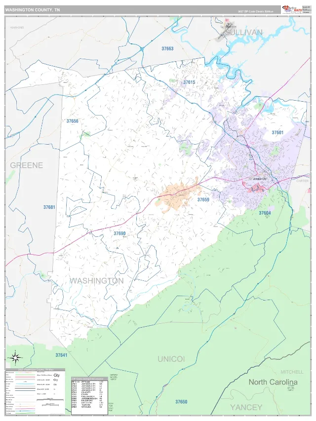 Washington County, TN ZIP Code Wall Map, Classic style