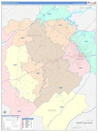 Washington County, TN ColorCast style ZIP Code wall map
