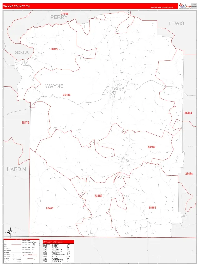Wayne County, TN ZIP Code Wall Map, RedLine style