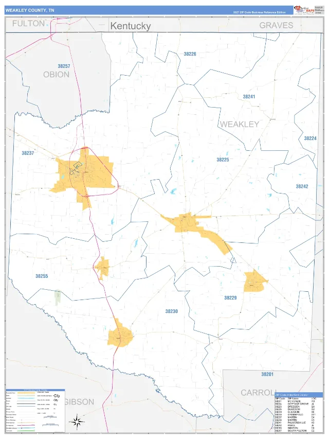 Weakley County, TN ZIP Code Wall Map, Business Reference style