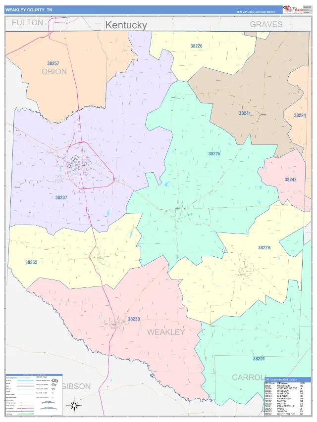 Weakley County, TN ZIP Code Wall Map, ColorCast style