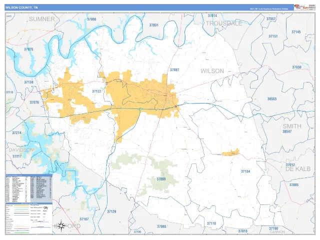 Wilson County, TN ZIP Code Wall Map, Business Reference style