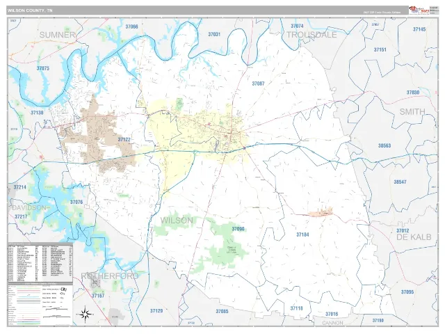 Wilson County, TN ZIP Code Wall Map, Classic style