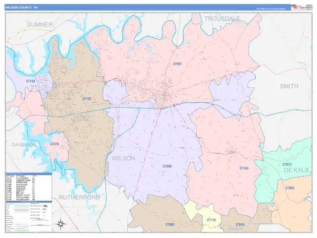 Wilson County, TN ZIP Code Wall Map, ColorCast style