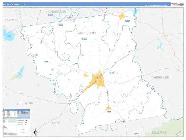 Anderson County, TX ZIP Code Wall Map, Business Reference style