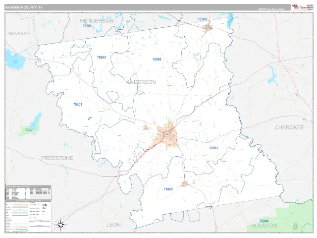 Anderson County, TX ZIP Code Wall Map, Classic style