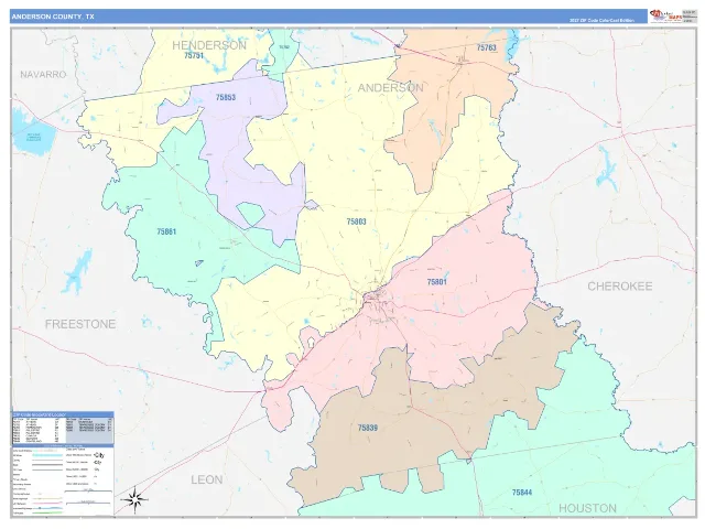 Anderson County, TX ZIP Code Wall Map, ColorCast style