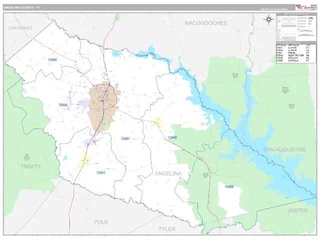 Angelina County, TX ZIP Code Wall Map, Classic style