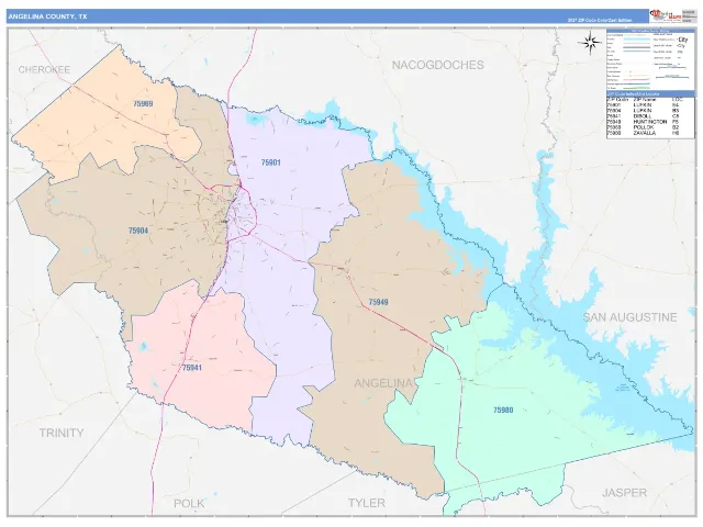 Angelina County, TX ZIP Code Wall Map, ColorCast style