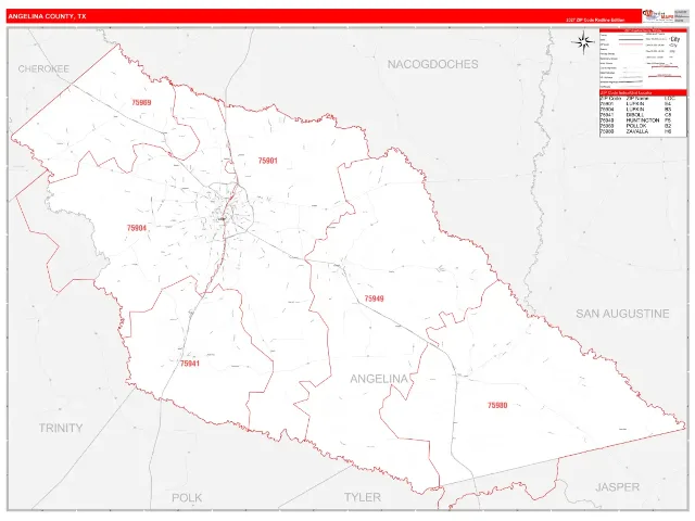 Angelina County, TX ZIP Code Wall Map, RedLine style