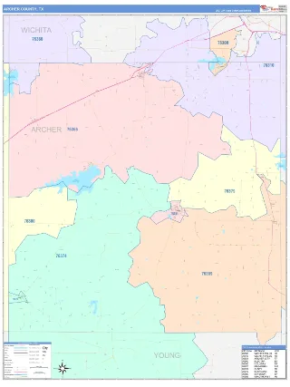 Archer County, TX ColorCast style ZIP Code wall map