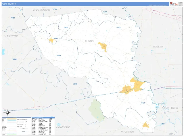 Austin County, TX ZIP Code Wall Map, Business Reference style