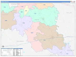 Austin County, TX ColorCast style ZIP Code wall map