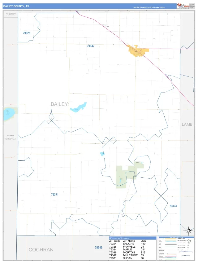 Bailey County, TX ZIP Code Wall Map, Business Reference style