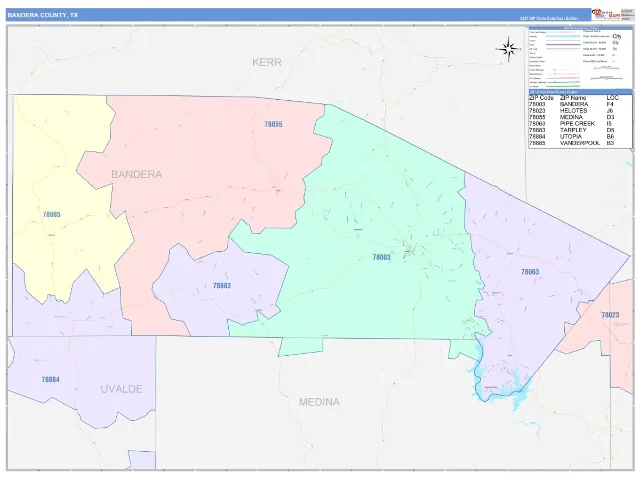 Bandera County, TX ZIP Code Wall Map, ColorCast style