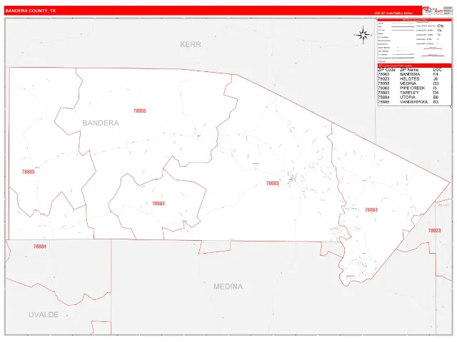 Bandera County, TX ZIP Code Wall Map, RedLine style