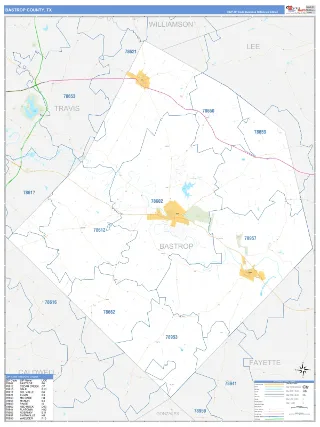 Bastrop County, TX Business Reference style ZIP Code wall map