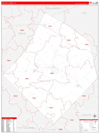 Bastrop County, TX RedLine style ZIP Code wall map