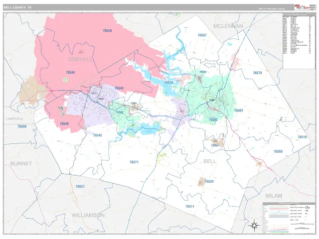 Bell County, TX ZIP Code Wall Map, Classic style