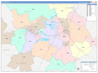 Bell County, TX ColorCast style ZIP Code wall map