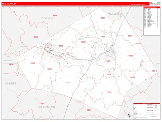 Bell County, TX RedLine style ZIP Code wall map