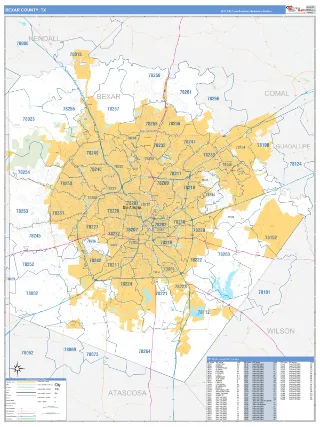 Bexar County, TX Business Reference style ZIP Code wall map