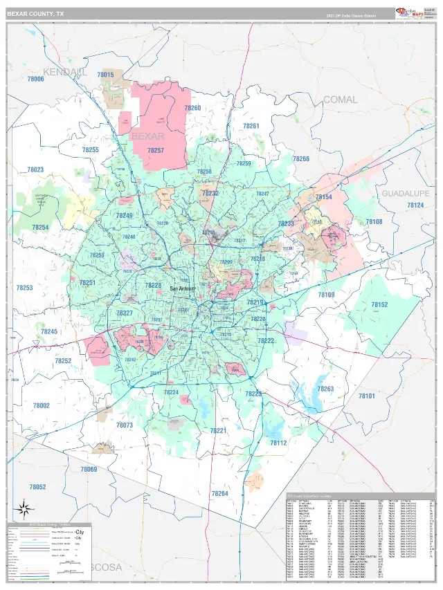 Bexar County, TX ZIP Code Wall Map, Classic style