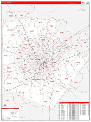 Bexar County, TX RedLine style ZIP Code wall map