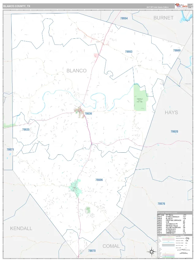 Blanco County, TX ZIP Code Wall Map, Classic style