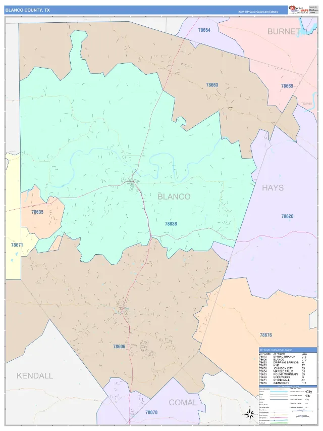 Blanco County, TX ZIP Code Wall Map, ColorCast style