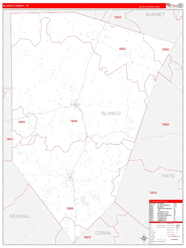 Blanco County, TX ZIP Code Wall Map, RedLine style