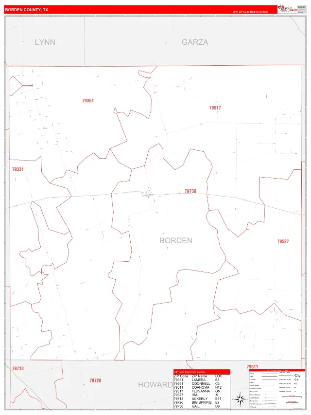 Borden County, TX ZIP Code Wall Map, RedLine style