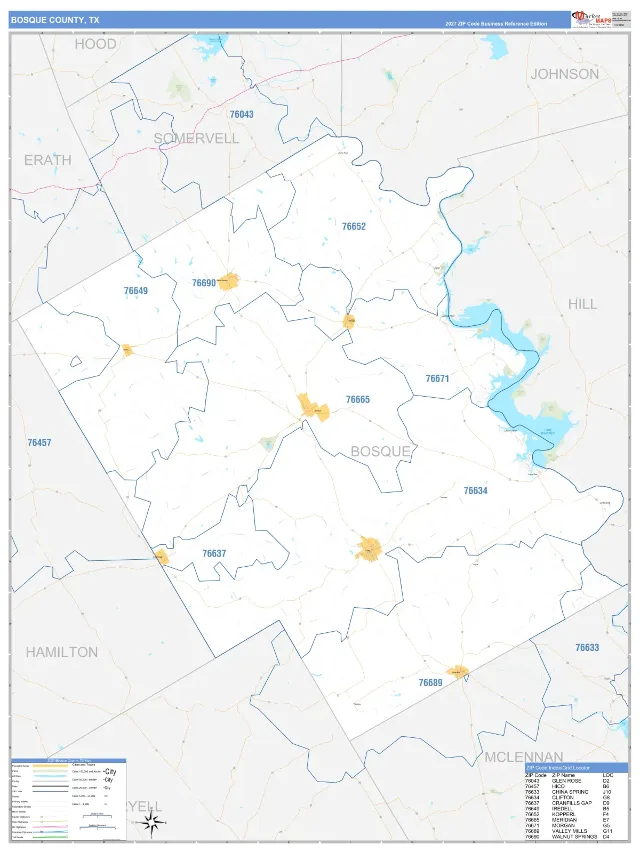 Bosque County, TX ZIP Code Wall Map, Business Reference style