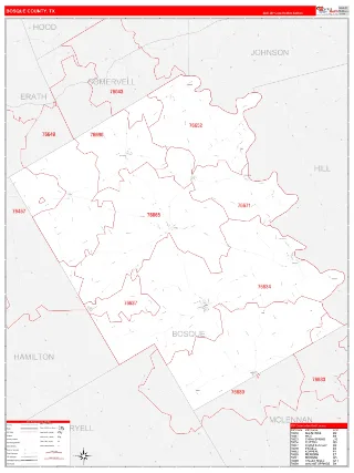 Bosque County, TX RedLine style ZIP Code wall map