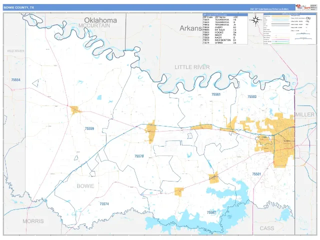 Bowie County, TX ZIP Code Wall Map, Business Reference style
