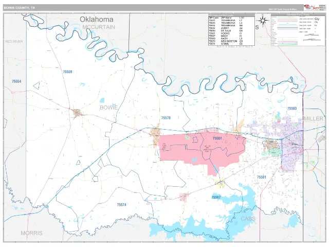 Bowie County, TX ZIP Code Wall Map, Classic style