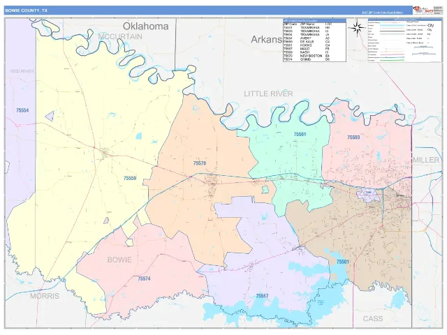 Bowie County, TX ZIP Code Wall Map, ColorCast style