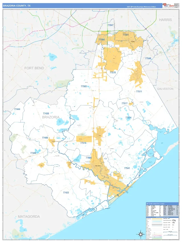 Brazoria County, TX ZIP Code Wall Map, Business Reference style