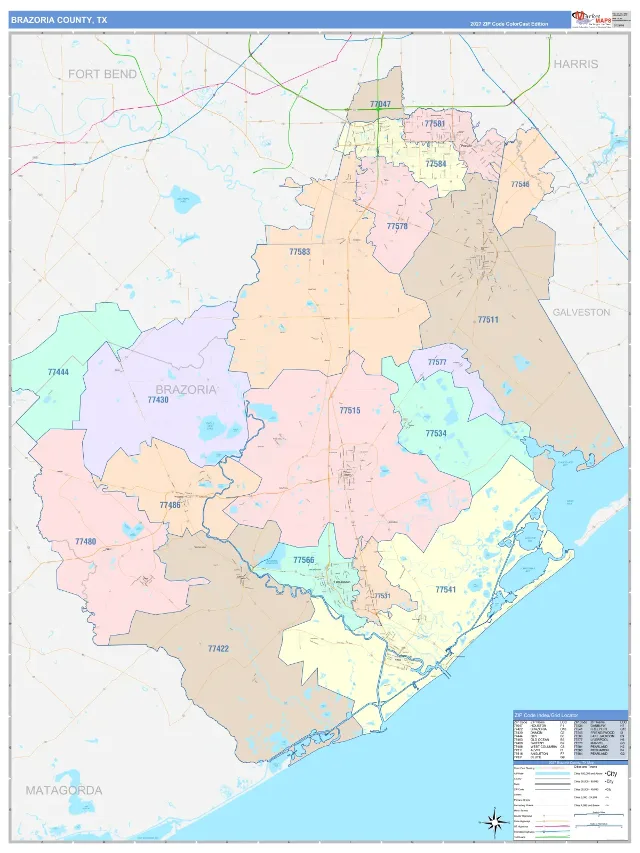 Brazoria County, TX ZIP Code Wall Map, ColorCast style