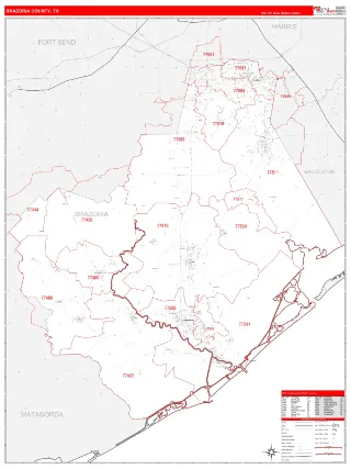 Brazoria County, TX RedLine style ZIP Code wall map
