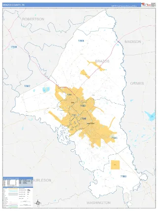 Brazos County, TX Business Reference style ZIP Code wall map