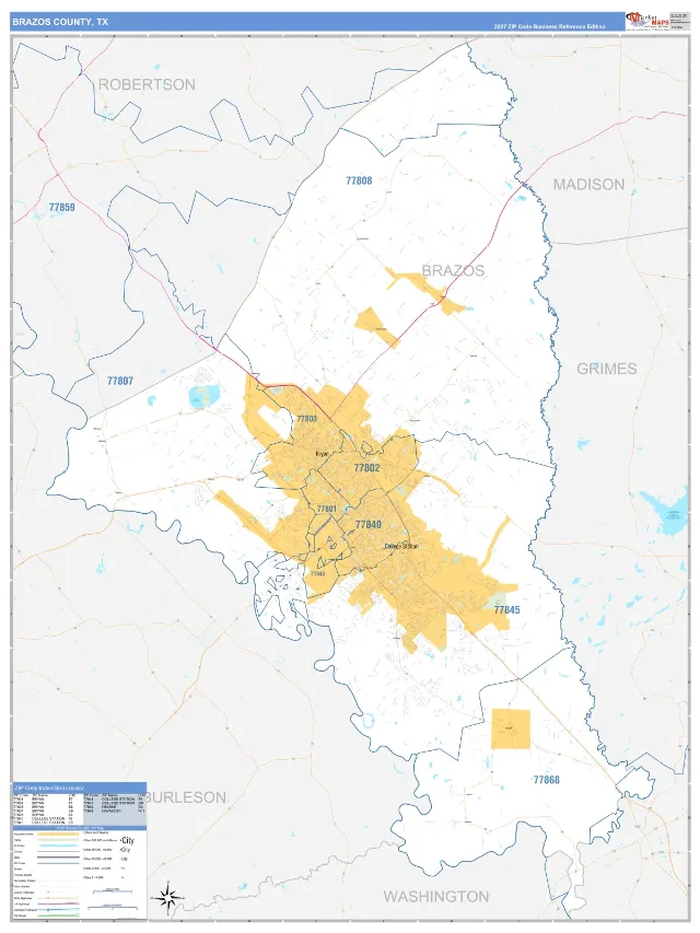Brazos County, TX ZIP Code Wall Map, Business Reference style