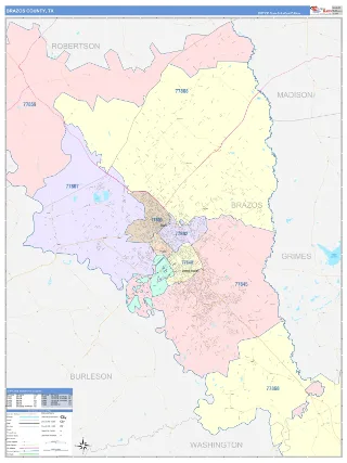 Brazos County, TX ColorCast style ZIP Code wall map