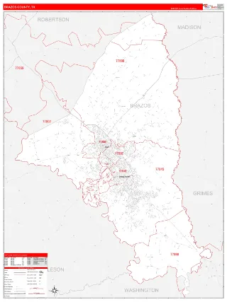 Brazos County, TX RedLine style ZIP Code wall map