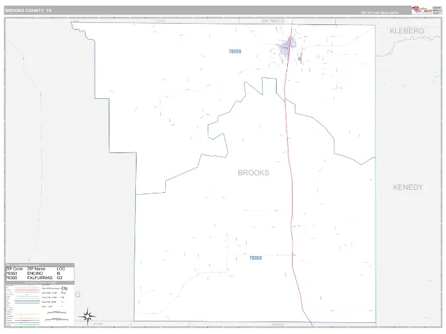 Brooks County, TX ZIP Code Wall Map, Classic style
