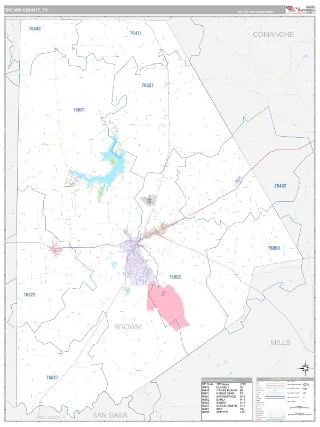 Brown County, TX Classic style ZIP Code wall map