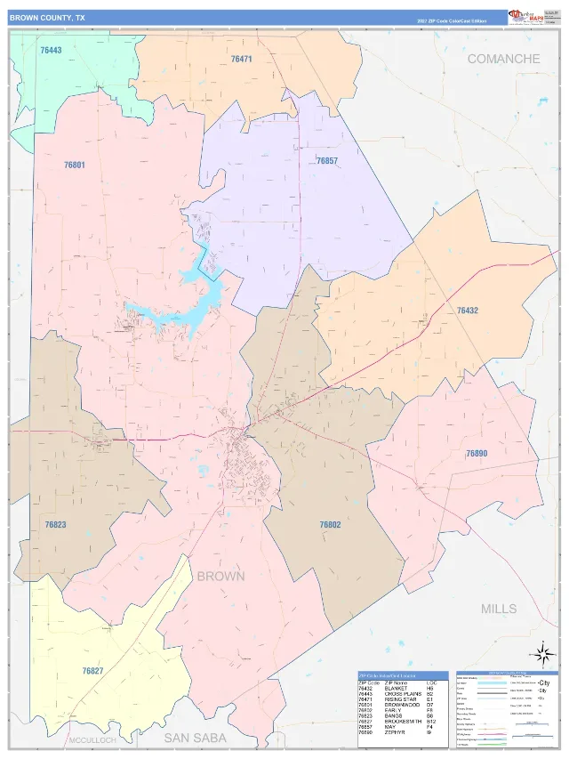 Brown County, TX ZIP Code Wall Map, ColorCast style